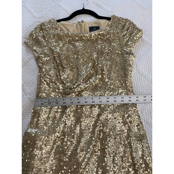 ADRIANNA PAPELL DRESS 4 SEQUIN GOLD MINI COCKTAIL MESH SHORT SLEEVE METALLIC - Picture 10 of 11